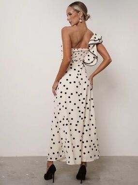 MABLE Ivory Black Polka Dot One Shoulder Ruffle Maxi Dress